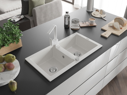 Mexen Mario chiuvetă de granit cu 2 compartimente și baterie de bucătărie Rita, alb - 6504-20-670300-20