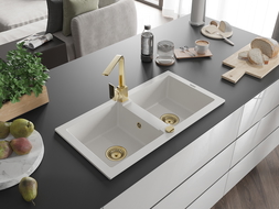 Mexen Mario chiuvetă de granit cu 2 compartimente și baterie de bucătărie Rita, alb - 6504-20-670300-50
