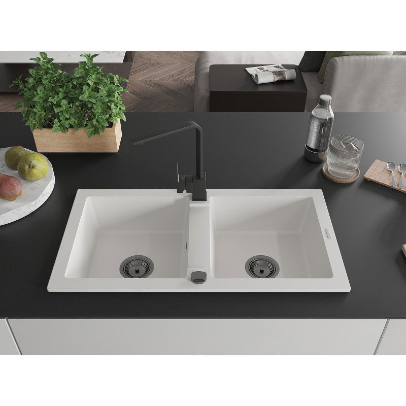 Mexen Mario chiuvetă de bucătărie granit, 2 compartimente, cu baterie de bucătărie Rita, alb - 6504-20-670300-70