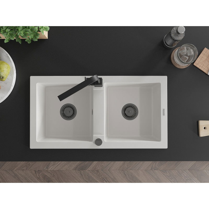 Mexen Mario gránit 2-medencés mosogató Rita konyhai csapteleppel, fehér - 6504-20-670300-70