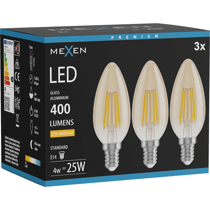 Mexen Vintis 3x LED filament izzó E14, C35, 4W, Meleg - 2200K, 400 lm, amber - L154-E14-0422-50x03