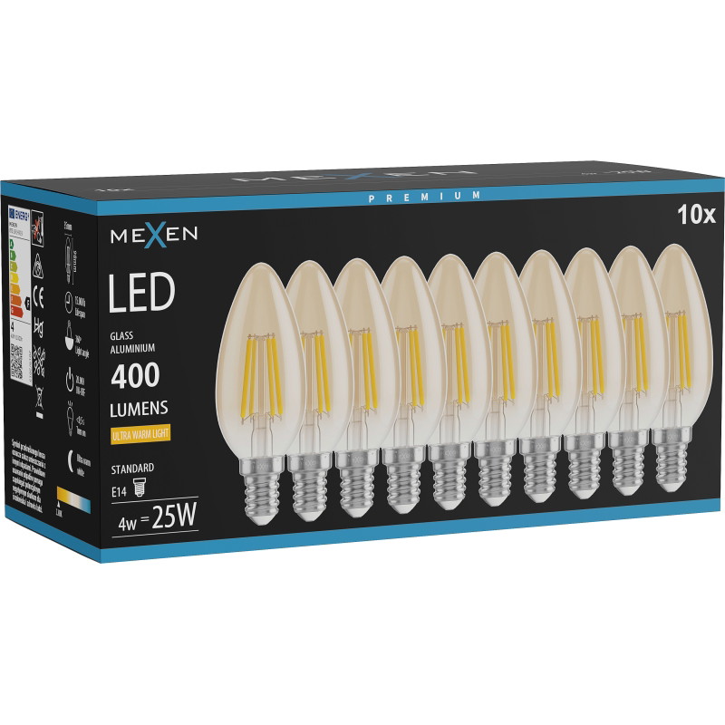 Mexen Vintis 10x LED filament izzó E14, C35, 4W, Meleg - 2200K, 400 lm, borostyán - L154-E14-0422-50x10
