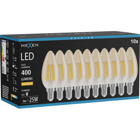 Mexen Vintis 10x LED filament izzó E14, C35, 4W, Meleg - 2200K, 400 lm, borostyán - L154-E14-0422-50x10