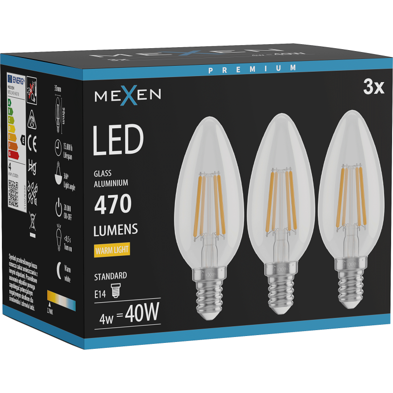 Mexen Vintis 3x Bec LED filament E14, C35, 4W, Cald - 2700K, 470 lm, transparent - L154-E14-0427-00x03