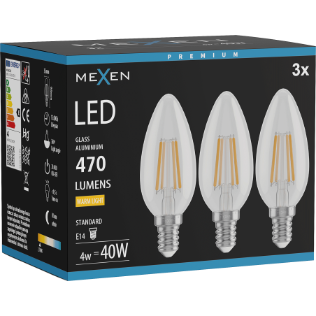 Mexen Vintis 3x Bec LED filament E14, C35, 4W, Cald - 2700K, 470 lm, transparent - L154-E14-0427-00x03