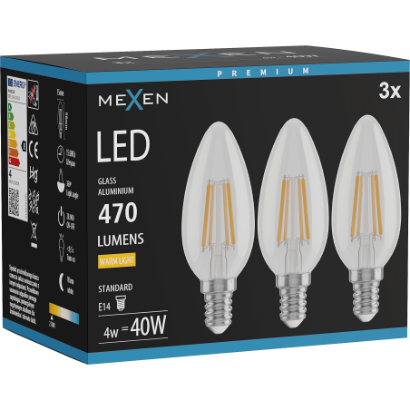 Mexen Vintis 3x LED filament izzó E14, C35, 4W, Meleg - 2700K, 470 lm, tiszta - L154-E14-0427-00x03