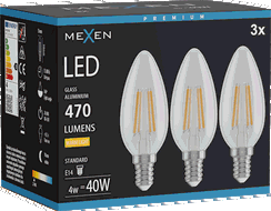 Mexen Vintis 3x Bec LED filament E14, C35, 4W, Cald - 2700K, 470 lm, transparent - L154-E14-0427-00x03