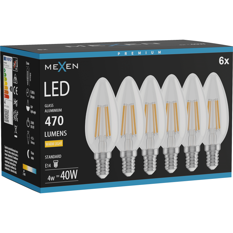 Mexen Vintis 6x LED filament izzó E14, C35, 4W, Meleg - 2700K, 470 lm, áttetsző - L154-E14-0427-00x06