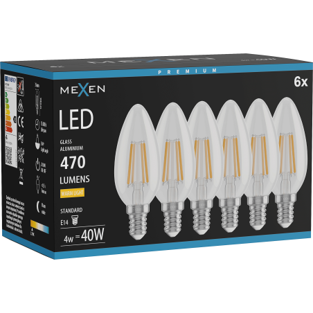 Mexen Vintis 6x LED filament izzó E14, C35, 4W, Meleg - 2700K, 470 lm, áttetsző - L154-E14-0427-00x06