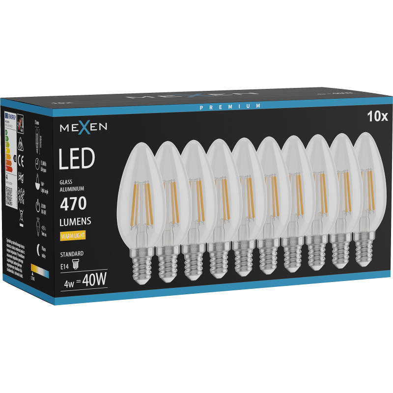 Mexen Vintis 10x LED filament izzó E14, C35, 4W, Meleg - 2700K, 470 lm, átlátszó - L154-E14-0427-00x10