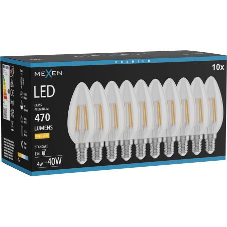 Mexen Vintis 10x LED filament izzó E14, C35, 4W, Meleg - 2700K, 470 lm, átlátszó - L154-E14-0427-00x10