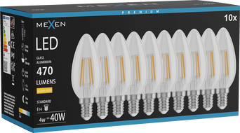 Mexen Vintis 10x LED filament izzó E14, C35, 4W, Meleg - 2700K, 470 lm, átlátszó - L154-E14-0427-00x10