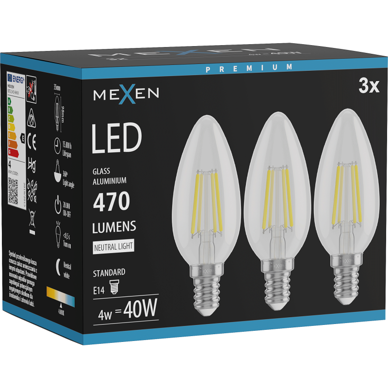 Mexen Vintis 3x LED filament izzó E14, C35, 4W, Semleges - 4000K, 470 lm, átlátszó - L154-E14-0427-00x03