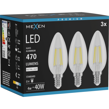 Mexen Vintis 3x Bec LED filament E14, C35, 4W, Neutră - 4000K, 470 lm, clar - L154-E14-0427-00x03 - L154-E14-0440-00x03