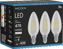 Mexen Vintis 3x Bec LED filament E14, C35, 4W, Neutră - 4000K, 470 lm, clar - L154-E14-0427-00x03 - L154-E14-0440-00x03