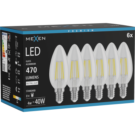Mexen Vintis 6x Bec LED cu filament E14, C35, 4W, Neutru - 4000K, 470 lm, clar - L154-E14-0427-00x06 - L154-E14-0440-00x06