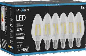 Mexen Vintis 6x Bec LED cu filament E14, C35, 4W, Neutru - 4000K, 470 lm, clar - L154-E14-0427-00x06 - L154-E14-0440-00x06
