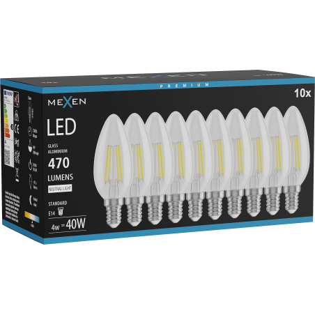 Mexen Vintis 10x Bec filament LED E14, C35, 4W, Neutră - 4000K, 470 lm, clar - L154-E14-0427-00x10 - L154-E14-0440-00x10