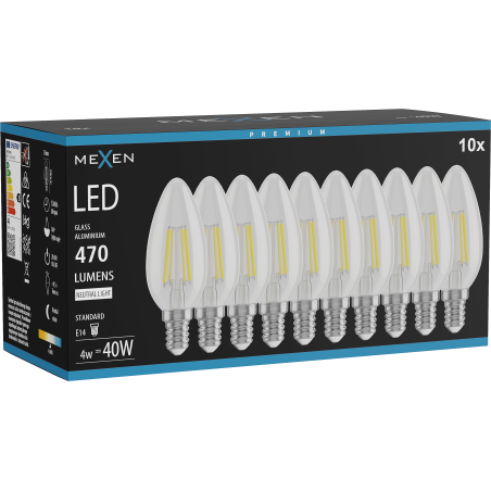 Mexen Vintis 10x LED filament izzó E14, C35, 4W, Semleges - 4000K, 470 lm, átlátszó - L154-E14-0427-00x10