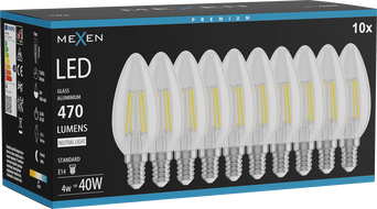 Mexen Vintis 10x LED filament izzó E14, C35, 4W, Semleges - 4000K, 470 lm, átlátszó - L154-E14-0427-00x10