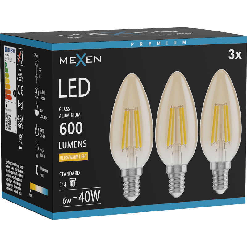 Mexen Vintis 3x Bec LED filament E14, C35, 6W, Caldă - 2200K, 600 lm, chihlimbar - L154-E14-0622-50x03