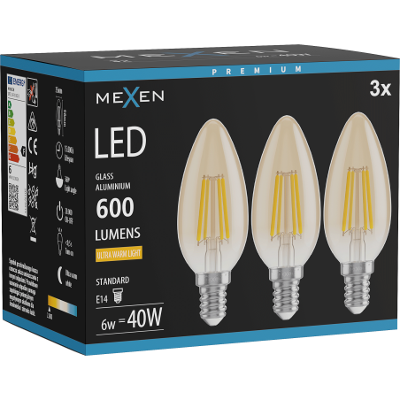 Mexen Vintis 3x Bec LED filament E14, C35, 6W, Caldă - 2200K, 600 lm, chihlimbar - L154-E14-0622-50x03