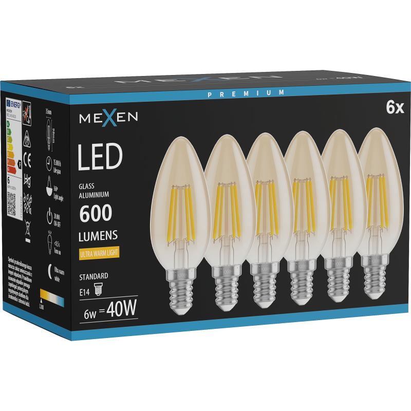 Mexen Vintis 6x Bec LED filament E14, C35, 6W, Caldă - 2200K, 600 lm, amber - L154-E14-0622-50x06