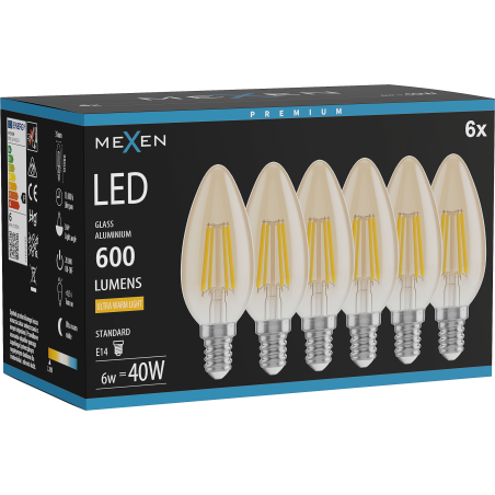 Mexen Vintis 6x LED filament izzó E14, C35, 6W, Meleg - 2200K, 600 lm, borostyán - L154-E14-0622-50x06