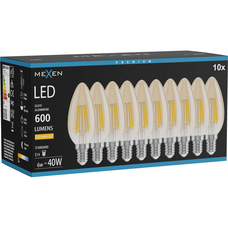 Mexen Vintis 10x LED filament izzó E14, C35, 6W, Meleg - 2200K, 600 lm, borostyán - L154-E14-0622-50x10
