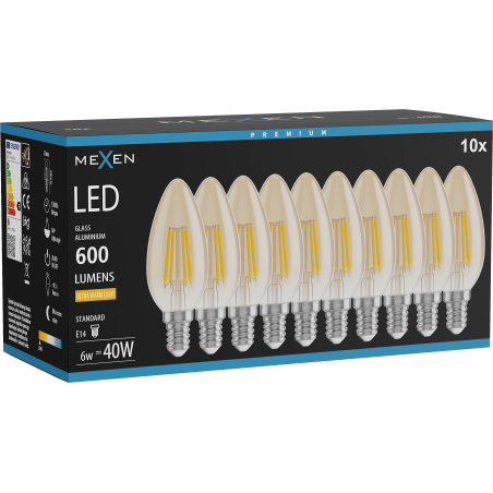 Mexen Vintis 10x LED filament izzó E14, C35, 6W, Meleg - 2200K, 600 lm, borostyán - L154-E14-0622-50x10