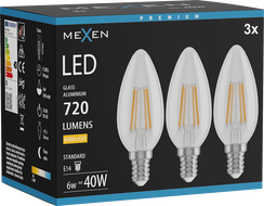 Mexen Vintis 3x LED filament izzó E14, C35, 6W, Meleg - 2700K, 720 lm, átlátszó - L154-E14-0627-00x03