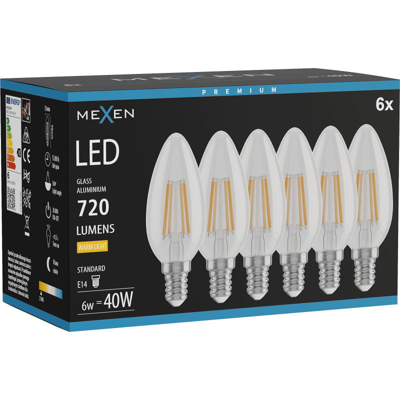 Mexen Vintis 6x Bec filament LED E14, C35, 6W, Caldă - 2700K, 720 lm, clear - L154-E14-0627-00x06