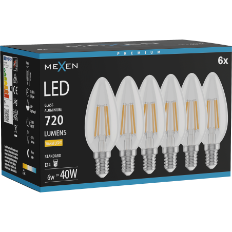 Mexen Vintis 6x Bec filament LED E14, C35, 6W, Caldă - 2700K, 720 lm, clear - L154-E14-0627-00x06