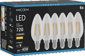 Mexen Vintis 6x Bec filament LED E14, C35, 6W, Caldă - 2700K, 720 lm, clear - L154-E14-0627-00x06