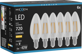 Mexen Vintis 6x LED filament izzó E14, C35, 6W, Meleg - 2700K, 720 lm, átlátszó - L154-E14-0627-00x06