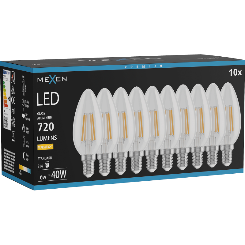 Mexen Vintis 10x Bec filament LED E14, C35, 6W, Cald - 2700K, 720 lm, clar - L154-E14-0627-00x10