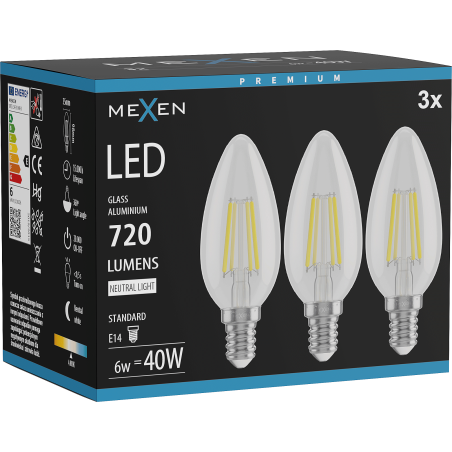 Mexen Vintis 3x LED filament izzó E14, C35, 6W, Semleges - 4000K, 720 lm, átlátszó - L154-E14-0640-00x03