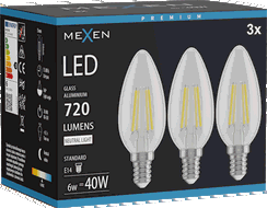 Mexen Vintis 3x Bec filament LED E14, C35, 6W, Neutru - 4000K, 720 lm, clar - L154-E14-0640-00x03