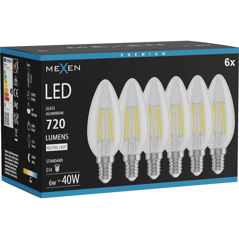 Mexen Vintis 6x LED filament izzó E14, C35, 6W, Semleges - 4000K, 720 lm, átlátszó - L154-E14-0640-00x06