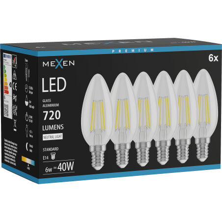 Mexen Vintis 6x Bec LED cu filament E14, C35, 6W, Neutră - 4000K, 720 lm, clar - L154-E14-0640-00x06