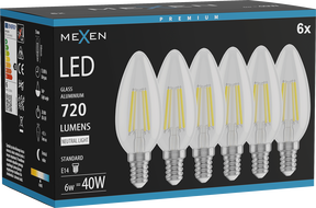 Mexen Vintis 6x LED filament izzó E14, C35, 6W, Semleges - 4000K, 720 lm, átlátszó - L154-E14-0640-00x06