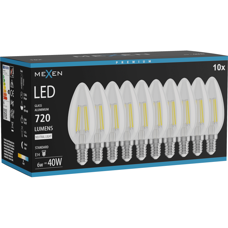 Mexen Vintis 10x LED filament izzó E14, C35, 6W, Semleges - 4000K, 720 lm, átlátszó - L154-E14-0640-00x10