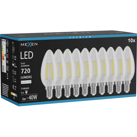 Mexen Vintis 10x LED filament izzó E14, C35, 6W, Semleges - 4000K, 720 lm, átlátszó - L154-E14-0640-00x10