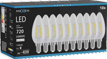 Mexen Vintis 10x Bec LED filament E14, C35, 6W, Neutru - 4000K, 720 lm, clar - L154-E14-0640-00x10