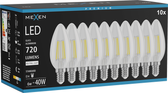 Mexen Vintis 10x LED filament izzó E14, C35, 6W, Semleges - 4000K, 720 lm, átlátszó - L154-E14-0640-00x10