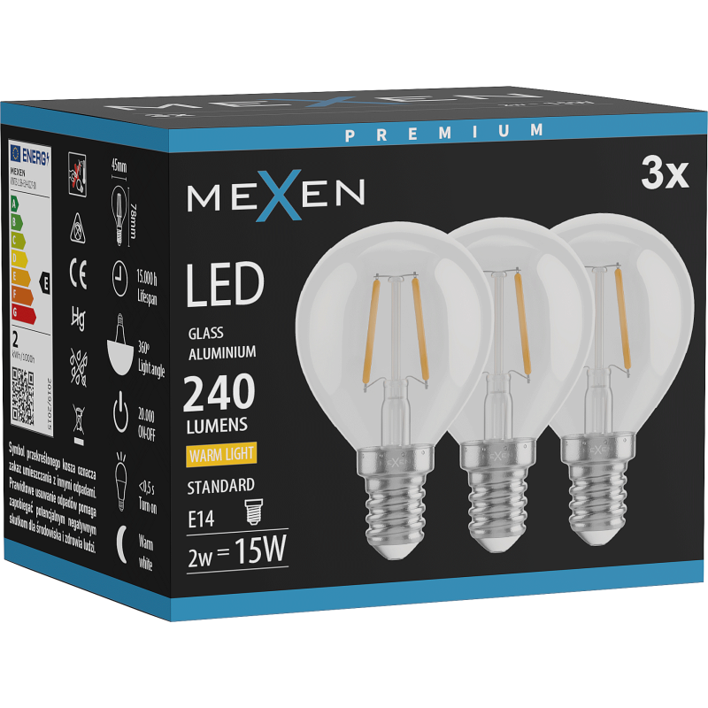 Mexen Vintis 3x Bec filament LED E14, G45, 2W, Cald - 2700K, 240 lm, clar - L156-E14-0227-00x03