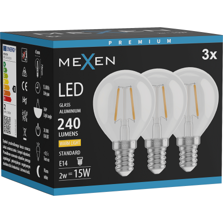 Mexen Vintis 3x LED filament izzó E14, G45, 2W, Meleg - 2700K, 240 lm, átlátszó - L156-E14-0227-00x03