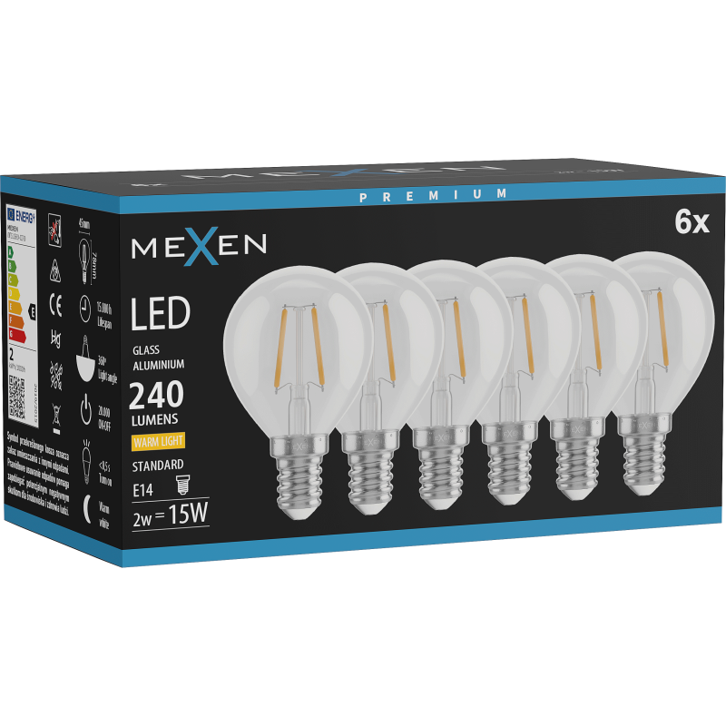 Mexen Vintis 6x Bec LED filament E14, G45, 2W, Cald - 2700K, 240 lm, clar - L156-E14-0227-00x06