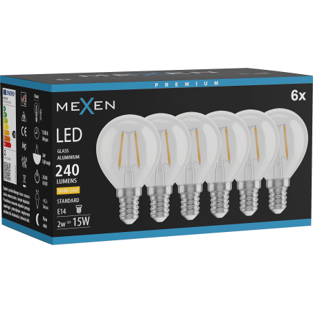 Mexen Vintis 6x Bec LED filament E14, G45, 2W, Cald - 2700K, 240 lm, clar - L156-E14-0227-00x06