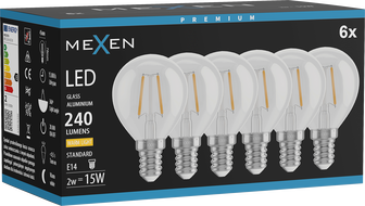 Mexen Vintis 6x LED filament izzó E14, G45, 2W, Meleg - 2700K, 240 lm, átlátszó - L156-E14-0227-00x06